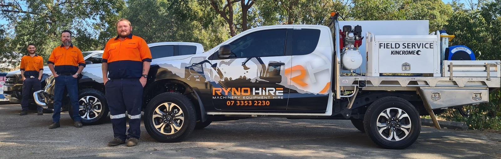 Three Ryno Hire 4WD cars with three Ryno Hire staff