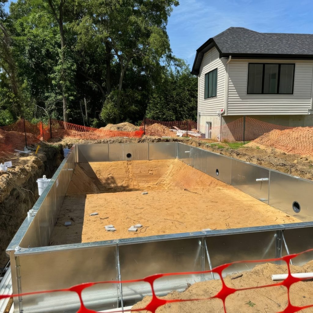 A backyard swimming pool midway through construction. The ground has been excavated and steel walls added for support.